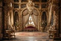 This image showcases a fancy room featuring a vibrant red couch and an elegant chandelier, An ornate royal palace interior with