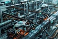 Futuristic Automated Factory with Drones and Robotic Arms