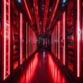 Futuristic Red-Lit Data Center with Reflective Floors