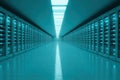 Futuristic Data Center with Neon Blue Lights and Sleek Server Racks Royalty Free Stock Photo