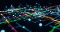 Abstract digital network visualization with vibrant interconnected nodes and geometric shapes Royalty Free Stock Photo