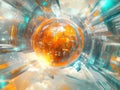 Image showcases a futuristic scene with a glowing, spherical object resembling a planet or supercomputer amidst an urban