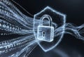 A futuristic digital shield with a lock symbol, surrounded by binary code. isolated on transparent background Royalty Free Stock Photo