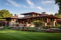 This image showcases a grand house with a generous front lawn, A Frank Lloyd Wright-inspired prairie house, AI Generated