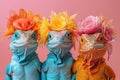 Vibrant Collared Lizard Group in Fashionable Outfits, Isolated on Solid Background with Text Space for Birthday Party Ad Royalty Free Stock Photo