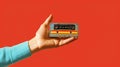 Hand holding retro cassette tape on red background