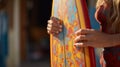 Hands of female surfer holding surf board