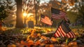 Autumn Tribute: National & Army Flags on Military Gravestone Royalty Free Stock Photo