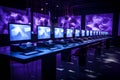 purple tech room with multiple monitors and laptops