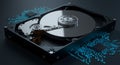 hard drive internals with glowing circuit patterns Royalty Free Stock Photo