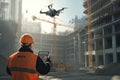 A construction worker uses a drone to monitor the site. The scene captures modern technology in building projects. A Royalty Free Stock Photo