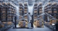 Automated Robotic Arms Sorting Cardboard Boxes in a Modern Warehouse Setting with Rows of Shelves and Conveyor Belts Logistics Royalty Free Stock Photo