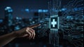 Digital healthcare innovation and technology hand touching medical interface with glowing plus sign representing health data Royalty Free Stock Photo
