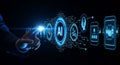 AI Technology Concept with Human Hand touching Digital interface featuring Artificial Intelligence symbols and icons Royalty Free Stock Photo