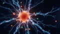 A detailed view of a vibrant neuron with branching dendrites and glowing synaptic connections in dark blue background Royalty Free Stock Photo