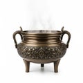 An ornate bronze incense burner with intricate designs and two handles, emitting a gentle smoke Royalty Free Stock Photo