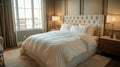 Comfortable Sleep in Luxurious Bedroom with Large Double Bed and White Linens Royalty Free Stock Photo