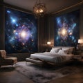 Lucid Dreaming Sanctuary: Cosmic-Themed Bedroom with Stellar Galactic Art Royalty Free Stock Photo