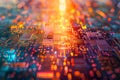 Close-up of a vibrant microchip circuit with glowing lights
