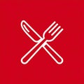 Minimalist culinary representation: Crossed knife and fork on a red background design symbol Royalty Free Stock Photo