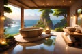 a perspective of a vast body of water and a stunning natural landscape from a modern bathroom. Royalty Free Stock Photo