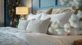 Rustic Chic: Modern Country Bedroom Interior with White and Cream Pillows on Bed Royalty Free Stock Photo