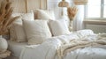 Rustic Chic: Modern Country Bedroom Interior with White and Cream Pillows on Bed Royalty Free Stock Photo