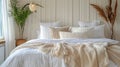 Rustic Chic: Modern Country Bedroom Interior with White and Cream Pillows on Bed Royalty Free Stock Photo