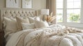 Rustic Chic: Modern Country Bedroom Interior with White and Cream Pillows on Bed Royalty Free Stock Photo