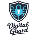 Modern digital security logo design featuring a shield with a lock and circuit pattern illustration perfect for cybersecurity Royalty Free Stock Photo