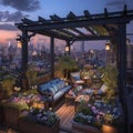 Elevated Urban Oasis: Rooftop Garden at Dusk. Royalty Free Stock Photo