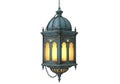 Antique-style hanging lantern with intricate ironwork and warm lighting Royalty Free Stock Photo