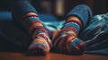 Feet with warm winter patterned socks lying down