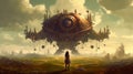 Futuristic Woman Stands Before Giant Metallic Spaceship In Gothic Steampunk Landscape