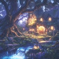 Warm and inviting fantasy cottage in enchanted forest at dusk.