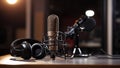 Microphone and headphone on the table in the music recording studio. Generative AI. Royalty Free Stock Photo