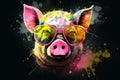 pig in sunglasses realistic with paint splatter abstract Generative AI