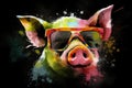 pig in sunglasses realistic with paint splatter abstract Generative AI