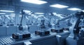 Robotic Arms Assembling Components on a Conveyor Belt in a Futuristic Industrial Setting with Blue Lighting Royalty Free Stock Photo