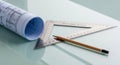 architectural blueprint with tools on glossy surface Royalty Free Stock Photo