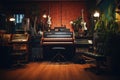 This image showcases a room filled with various musical instruments and a keyboard at its center, Vintage music recording studio