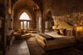 This image showcases a roomy bedroom featuring stone walls and a generously sized bed, An ancient castle turned into a luxury