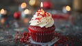 Celebratory Red Velvet Cupcake with a Single Lit Candle for Birthday Bliss Royalty Free Stock Photo