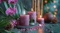 Tranquil Zen Aromatherapy: Set the Mood with Candles, Oil, Potpourri, Stones, Glass, Dots, Orchids, and Bamboo Royalty Free Stock Photo