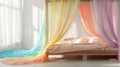 Bright and colorful minimalist bedroom with a romantic canopy bed draped in rainbow colors Royalty Free Stock Photo