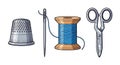 Sewing accessories isolated on white, including needle, thimble, thread and scissors. Royalty Free Stock Photo