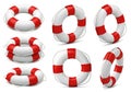 Collection of six white and red life preserver rings in various perspectives on a white surface isolated on white background Royalty Free Stock Photo