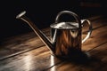 Shiny Metal Watering Can, Clean Wooden Surface, Plant Nurturing, generative AI