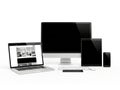 Modern tech setup featuring a laptop, monitors, tablet, and smartphone on a white surface isolated on white background Royalty Free Stock Photo