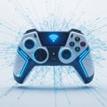 Futuristic gaming controller with glowing wireless connectivity and digital particles Royalty Free Stock Photo